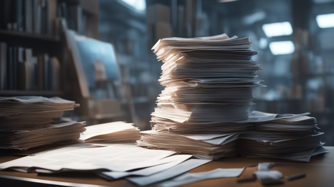 A dimly lit office or archive room with towering stacks of papers and documents scattered across a desk. The centrepiece is a precariously tall pile of white papers, illuminated by soft, diffused light streaming through unseen windows. The background shows blurred outlines of bookshelves and filing cabinets, suggesting a vast repository of information. The image evokes themes of bureaucracy, information overload, or investigative work.