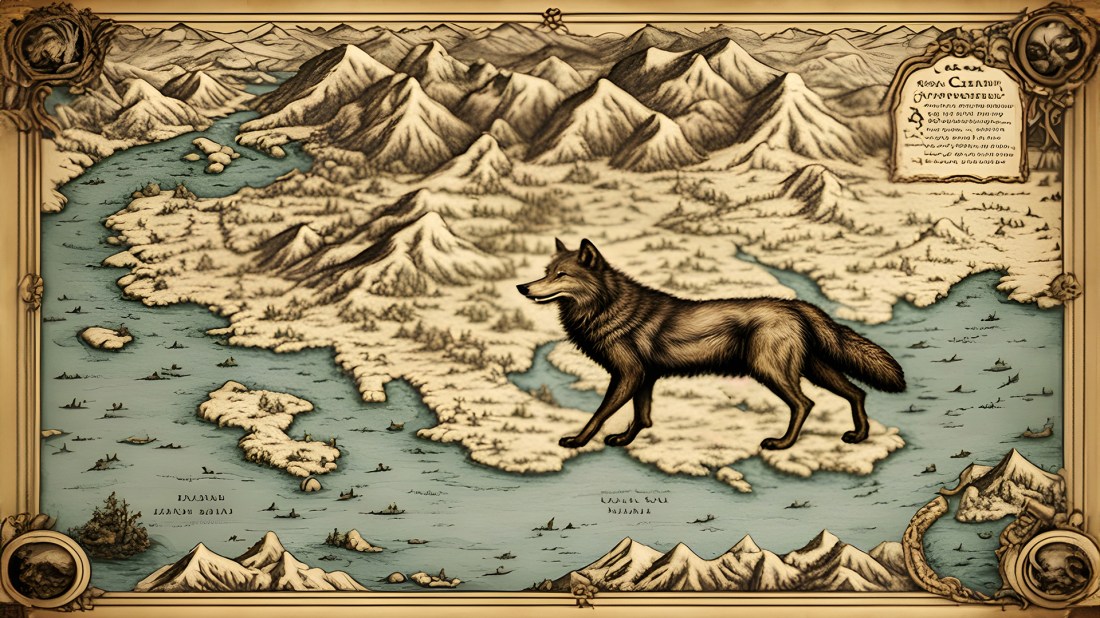 Cover art featuring a stylised, sepia-toned map of a mountainous region with rivers and islands. In the foreground, a detailed illustration of a grey wolf stands prominently. The image is framed by ornate borders with decorative elements in the corners. A parchment-like scroll with indecipherable text is positioned in the upper right corner. The overall aesthetic evokes an old-world, fantasy cartographic style.