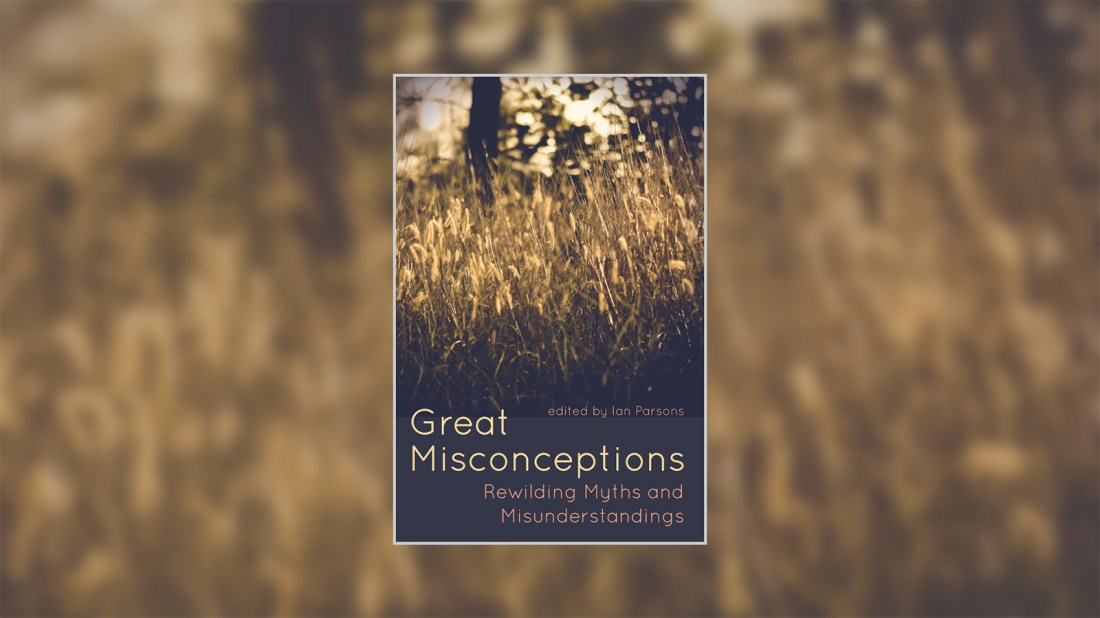 Book cover of 'Great Misconceptions: Rewilding Myths and Misunderstandings' edited by Ian Parsons. The cover features a nature photograph of golden grass or wheat stalks backlit by sunlight, creating a warm, ethereal atmosphere. The text is overlaid on a dark navy blue panel at the bottom of the image.
