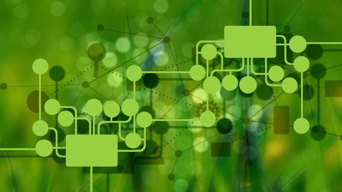 An abstract digital network or circuit design overlaid on a vibrant green background. The design features light green geometric shapes - primarily circles and rectangles - interconnected by straight lines and paths, creating a pattern reminiscent of a circuit board or network diagram. The background has a soft, organic bokeh effect with varying shades of green and subtle blue tints, creating a contrast between the natural, blurred background and the precise, technical overlay. This combination suggests a theme of technology harmonising with nature, or digital systems existing within an organic environment. The overall composition has a modern, technological aesthetic while maintaining a natural, organic feel through its colour palette and background texture.