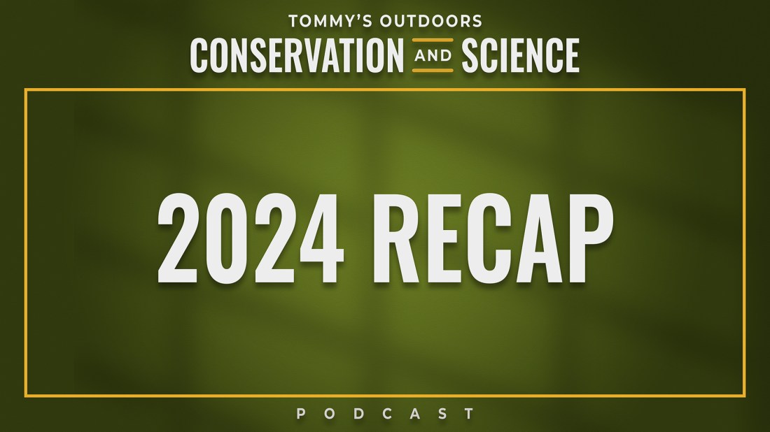 This image appears to be a podcast cover or thumbnail for "Tommy's Outdoors Conservation and Science" podcast. It features text in white against a dark green background, with "2024 RECAP" as the main focal point in large text in the center. The title "TOMMY'S OUTDOORS CONSERVATION AND SCIENCE" appears at the top, with "PODCAST" at the bottom. The word "AND" between "CONSERVATION" and "SCIENCE" is accented with yellow/gold lines above and below it. The design is clean and professional, using a bold, modern typography style