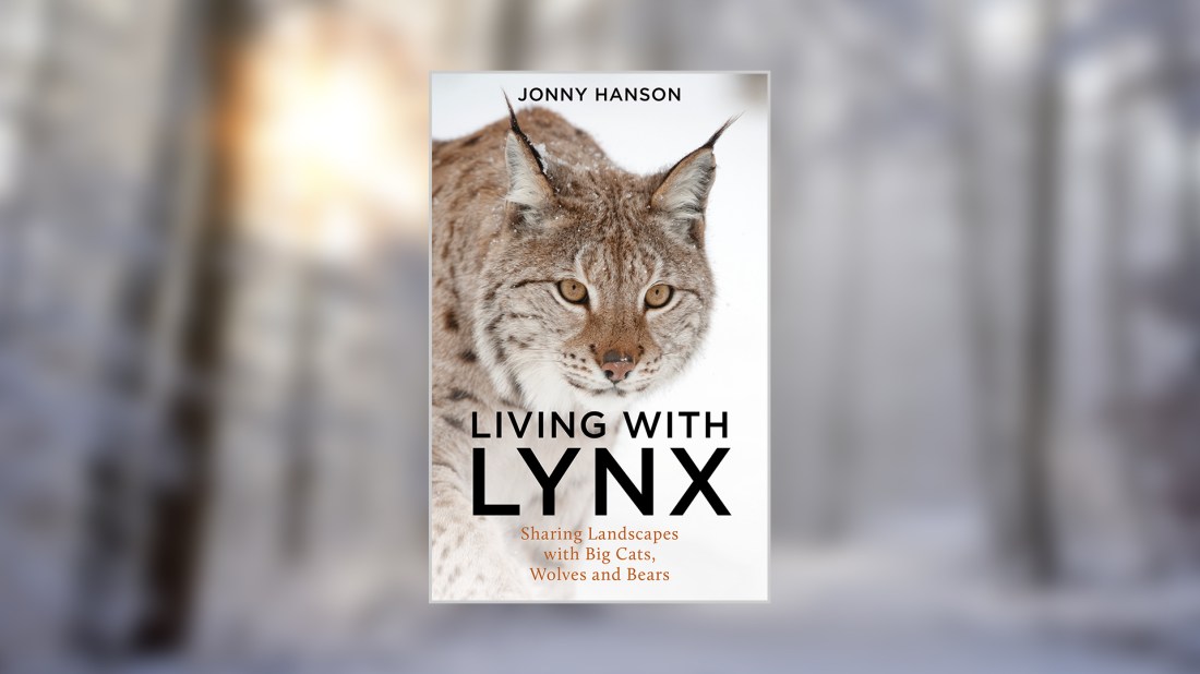 This image shows a book cover titled "LIVING WITH LYNX" by Jonny Hanson. The cover features a close-up photograph of a lynx's face, showcasing its distinctive tufted ears, facial markings, and amber eyes. Below the main title is the subtitle "Sharing Landscapes with Big Cats, Wolves and Bears". The background appears to be a blurred winter or snowy landscape, emphasising the natural habitat of these animals. The cover uses a clean, modern typography with the author's name at the top and the title prominently displayed in large black letters across the middle of the image.