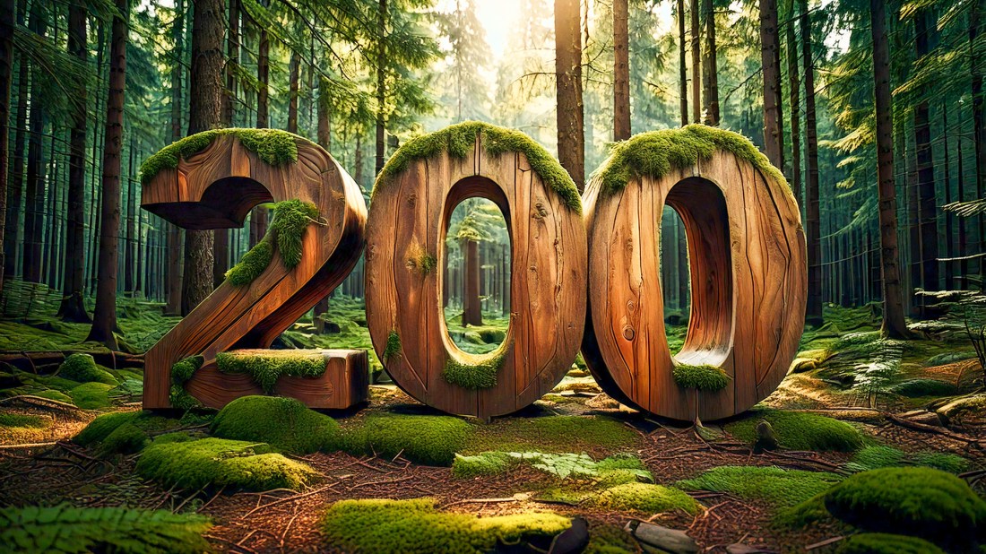 The image shows large wooden numbers "200" placed in a lush green forest. The numbers appear to be carved from wood with a natural, rustic texture and are partially covered with moss or green vegetation growing on them. They're positioned on the forest floor, surrounded by pine trees and dappled sunlight filtering through the canopy. The setting creates a striking contrast between the man-made numerals and the natural forest environment, suggesting a theme of nature and sustainability or perhaps marking a significant milestone or anniversary related to the number 200.