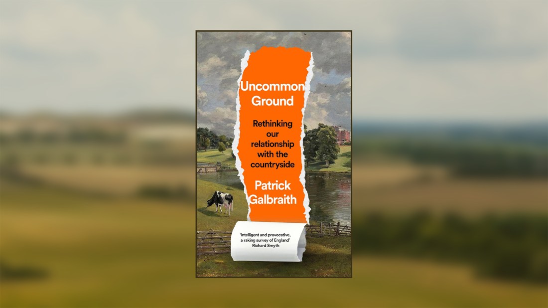 The image shows a book cover for "Uncommon Ground" by Patrick Galbraith. The cover features an orange torn paper effect against a pastoral English countryside background with green fields, trees, and a small river or pond. A cow grazes in the foreground, and there's a wooden fence visible. The subtitle reads "Rethinking our relationship with the countryside" and includes a quote at the bottom from Richard Smyth describing it as "Intelligent and provocative, a raking survey of England."