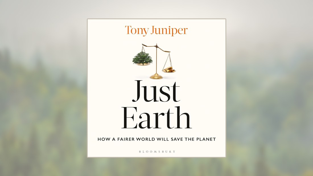 Book cover for 'Just Earth: How a Fairer World Will Save the Planet' by Tony Juniper, published by Bloomsbury. The cover features a cream-coloured background with the title in large serif typeface. Above the title is an illustration of brass balance scales, with a green tree on one side and golden coins on the other, symbolising the balance between environmental and economic concerns.