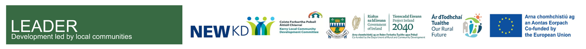 Banner showing LEADER programme branding with green panel stating 'LEADER Development led by local communities' on left, followed by NEW KD logo featuring colourful figures, County Clare Local Community Development Committee logo, Clare County Council crest, Irish Government Department of Rural and Community Development logo with harp emblem, Project Ireland 2040 Our Rural Future branding and European Union flag with text 'Co-funded by the European Union' in English and Irish