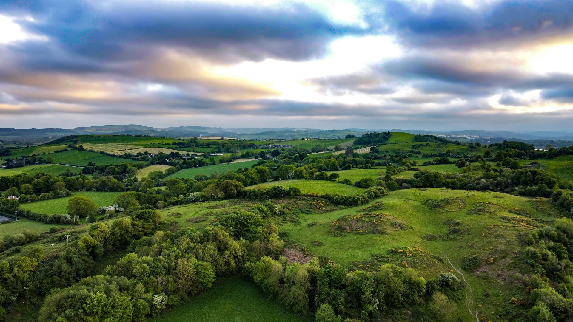 Aerial view of rolling green Irish countryside under a dramatic cloudy sky. In the foreground, a grassy hillside dotted with yellow gorse is bordered by dense clusters of trees and hedgerows, with a narrow footpath winding down the right-hand side. Beyond, a patchwork of fields, scattered houses and farm buildings stretches towards low hills on the horizon. Soft golden light breaks through grey and blue clouds, and a line of wooden telegraph poles runs along the left edge.